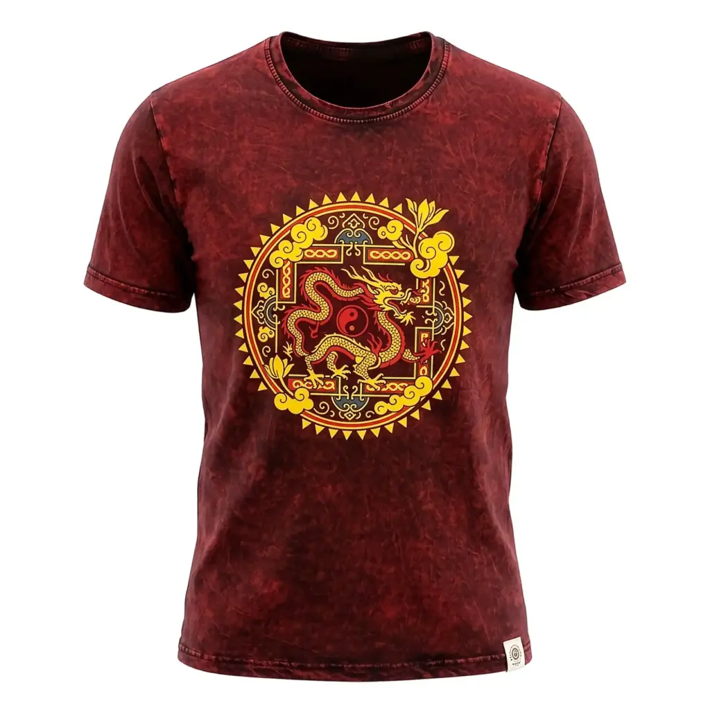Nomad Sari Stonewashed Cotton T-Shirt – Dragon Mandala – Maroon – Large | www.artisangoods.co.uk