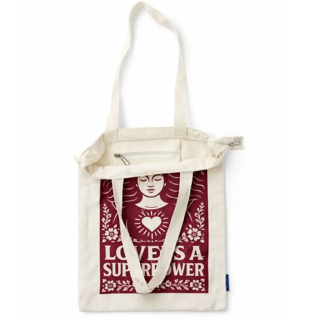 Nomad Sari Iconic Toni Tote Bag – Love is a Super Power – Natural 10oz | www.artisangoods.co.uk 6