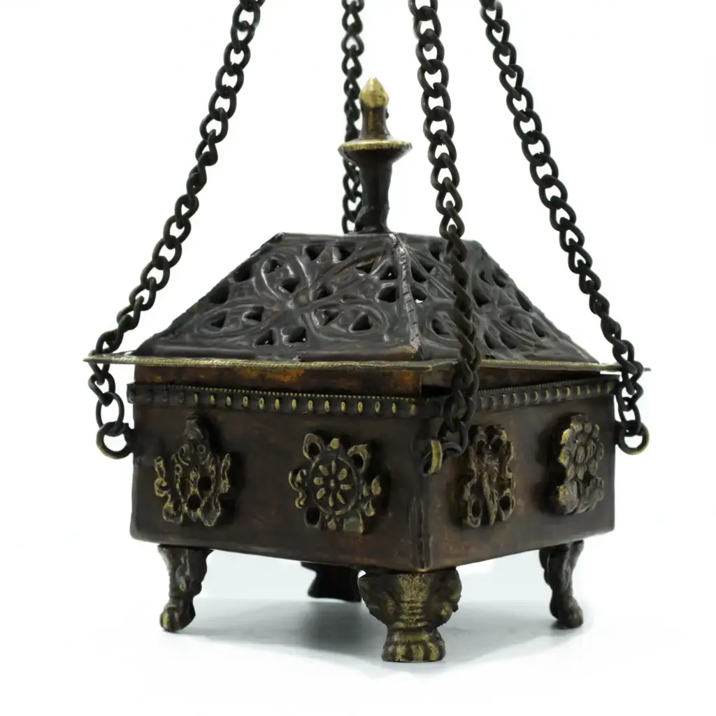 Brass Tibetan Burner – Eight Symbols Square Hanging Pot | www.artisangoods.co.uk 2