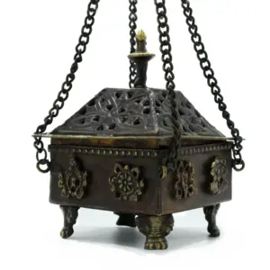 Brass Tibetan Burner – Eight Symbols Square Hanging Pot | www.artisangoods.co.uk 2