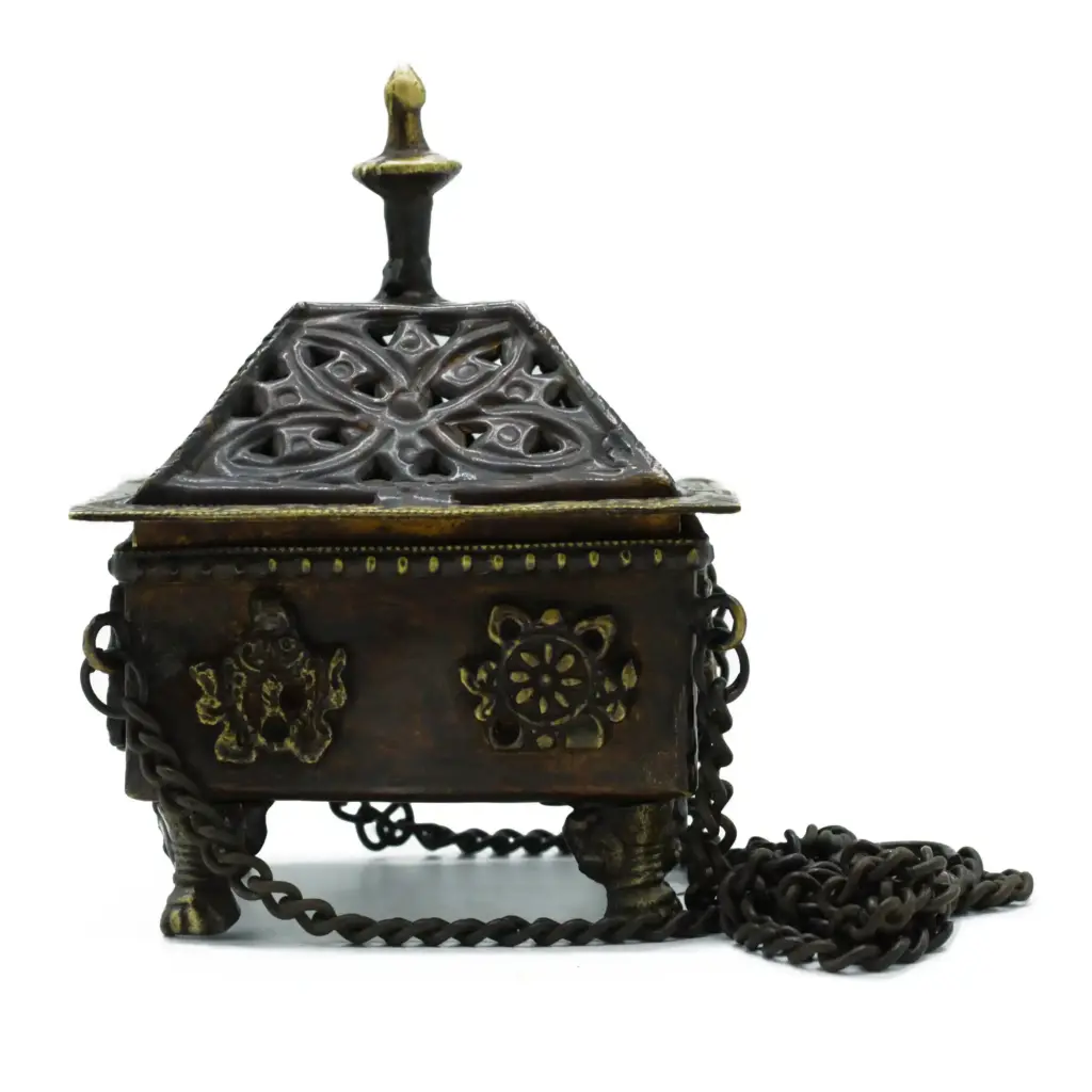 Brass Tibetan Burner – Eight Symbols Square Hanging Pot | www.artisangoods.co.uk