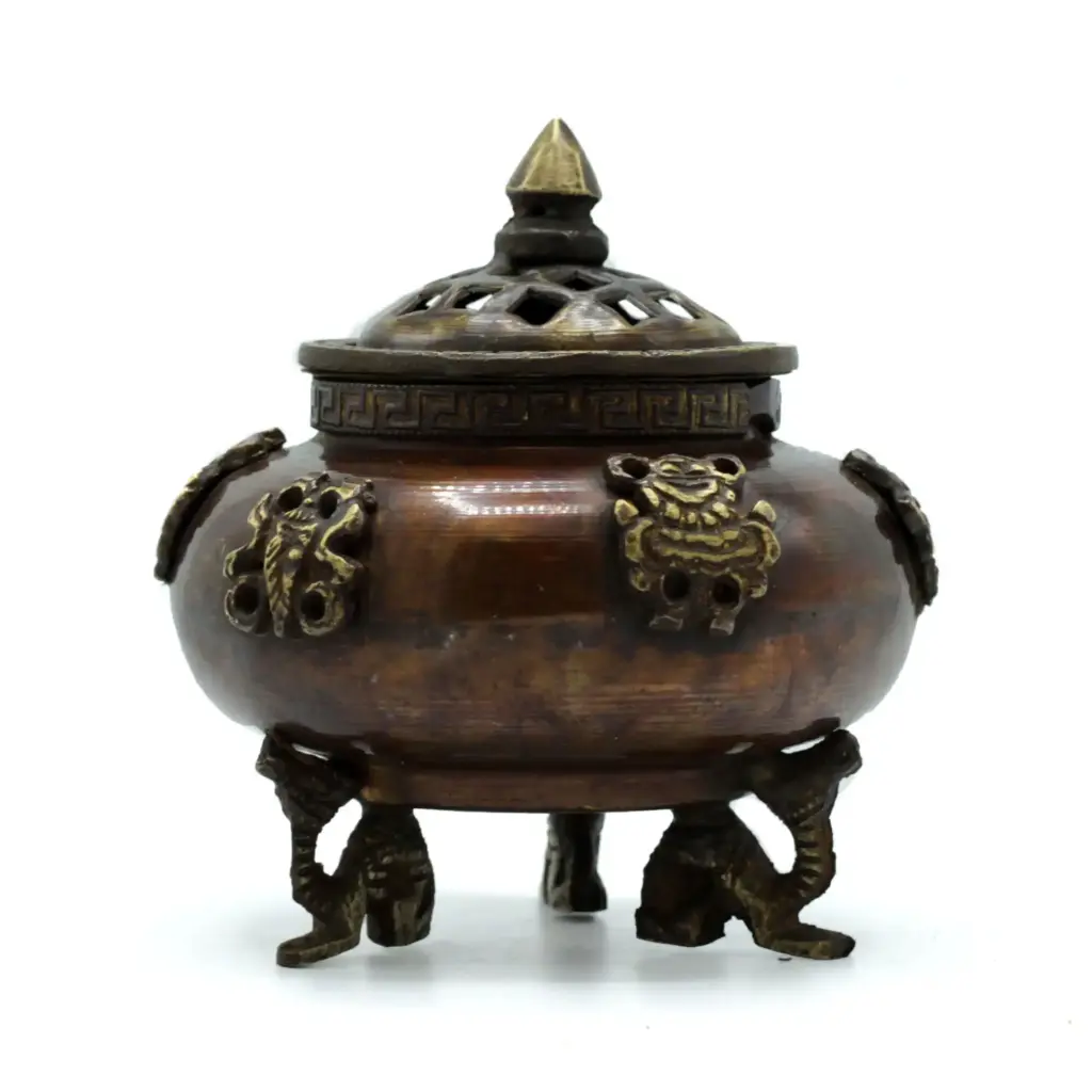 Brass Tibetan Incense Burner – Six Symbols Standing Pot | www.artisangoods.co.uk