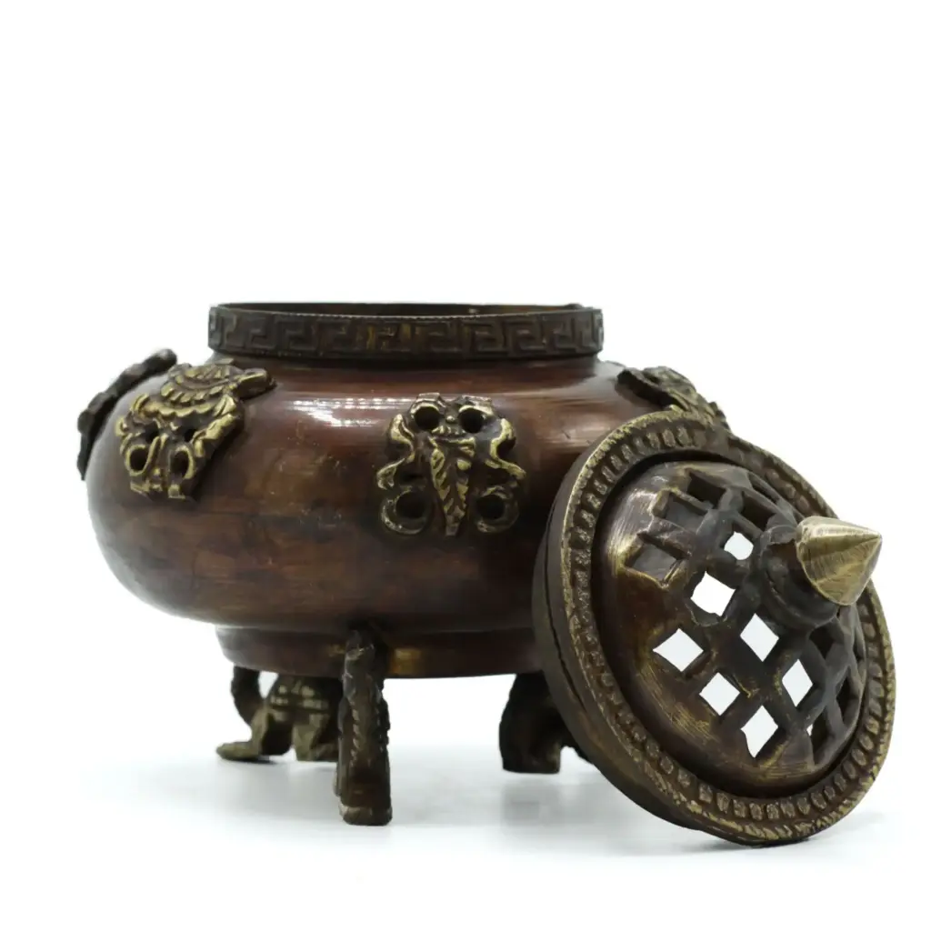 Brass Tibetan Incense Burner – Six Symbols Standing Pot | www.artisangoods.co.uk 2