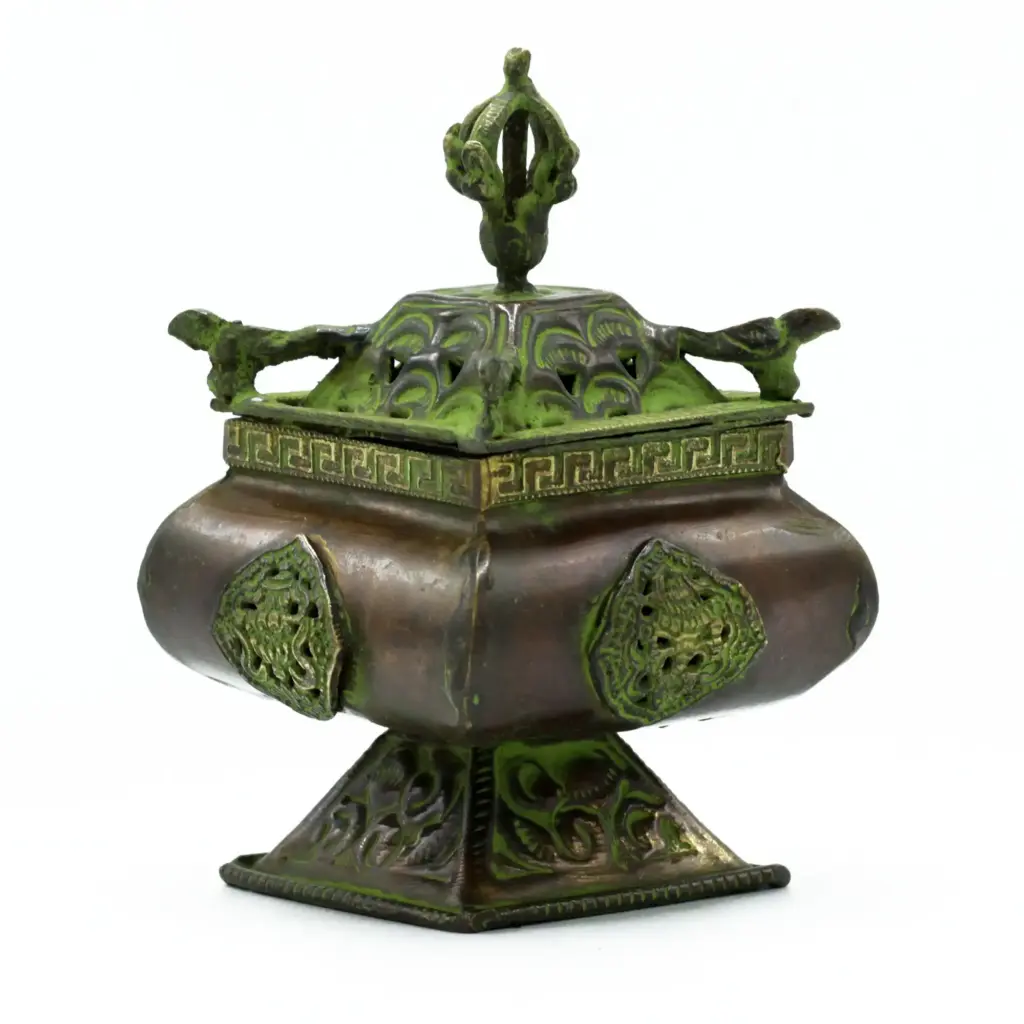 Brass Verdigris Tibetan Burner – Four Symbols Square Standing Pot | www.artisangoods.co.uk