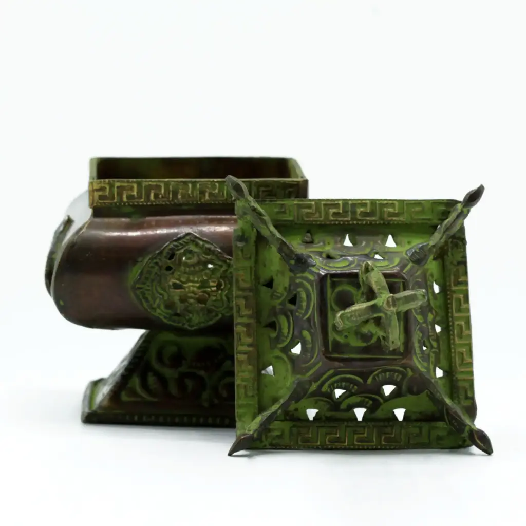 Brass Verdigris Tibetan Burner – Four Symbols Square Standing Pot | www.artisangoods.co.uk 2