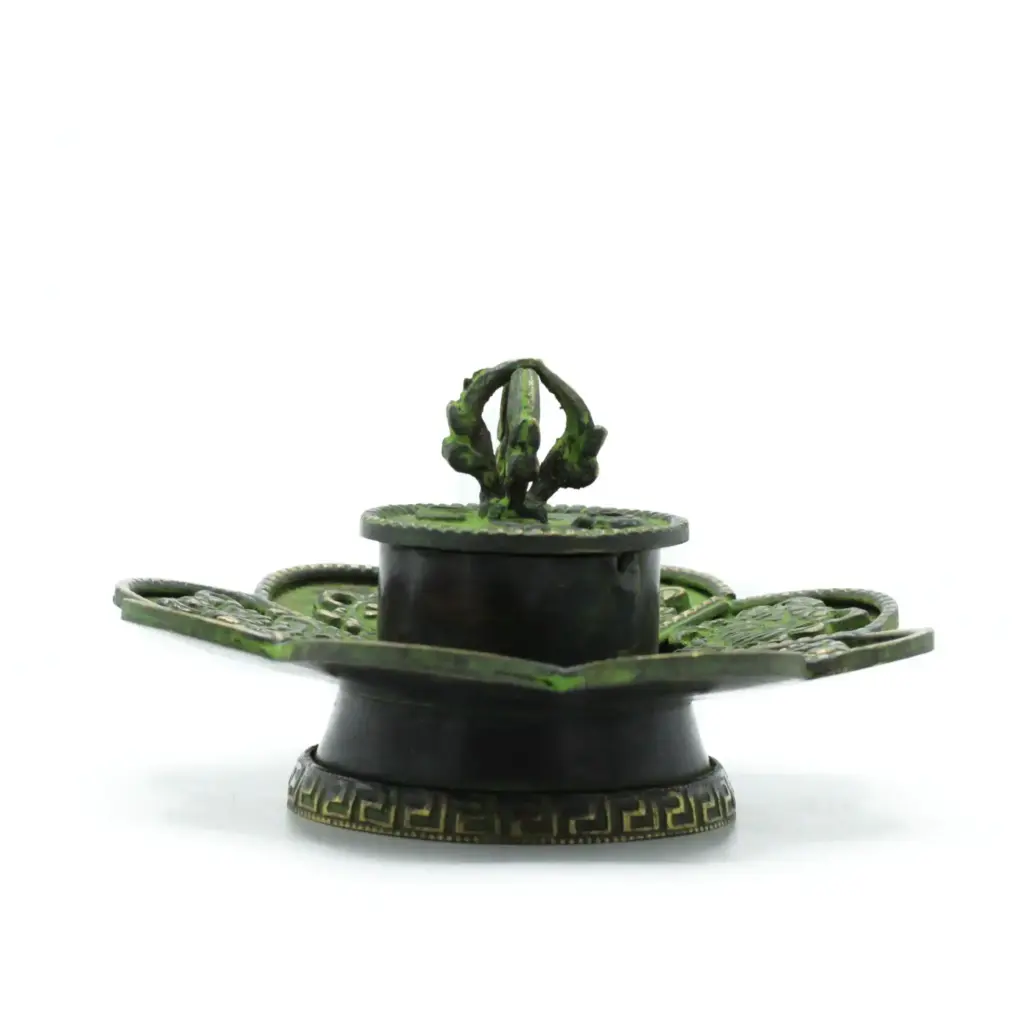 Brass Verdigris Tibetan Cone & Incense Holder – Eight Symbols | www.artisangoods.co.uk Brass Verdigris Tibetan Cone & Incense Holder – Eight Symbols | www.artisangoods.co.uk
