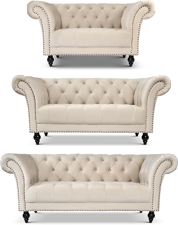 Bravich Chesterfield Velvet Sofa Suite, Cream 3 Piece Set