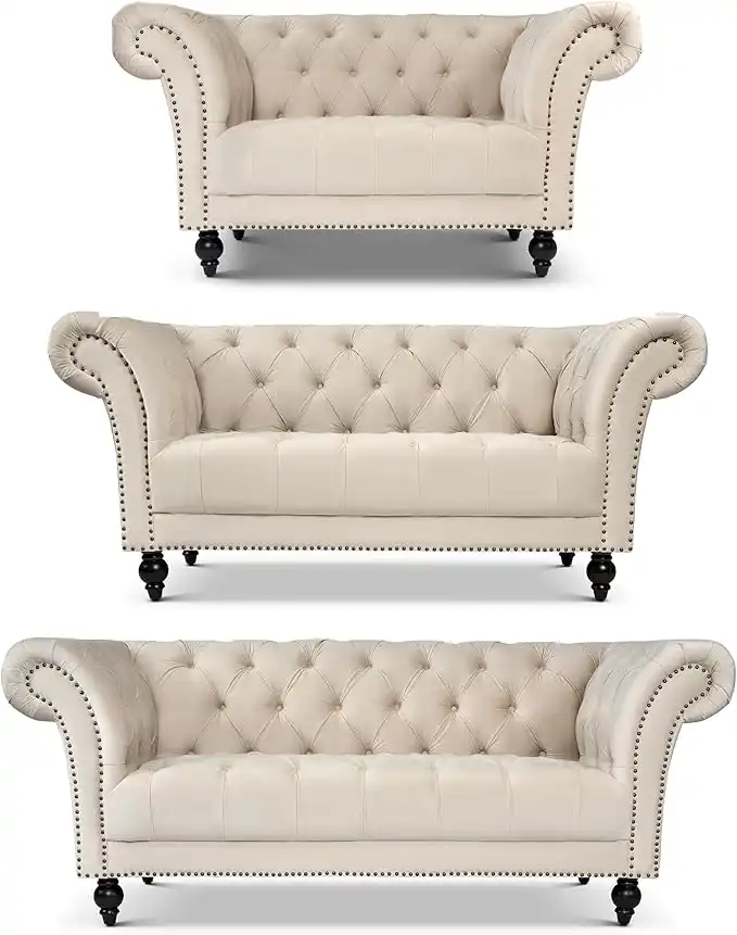 Bravich Chesterfield Velvet Sofa Suite, Cream 3 Piece Set
