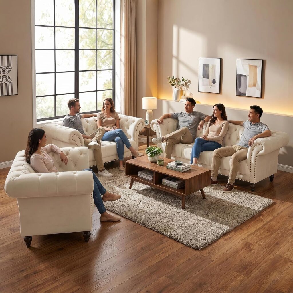 Bravich Chesterfield Velvet Sofa Suite, Cream 3 Piece Set