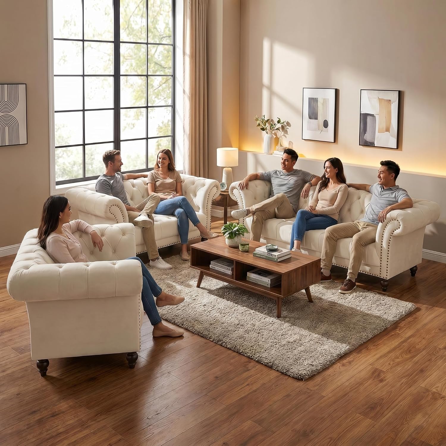 Bravich Chesterfield Velvet Sofa Suite, Cream 3 Piece Set