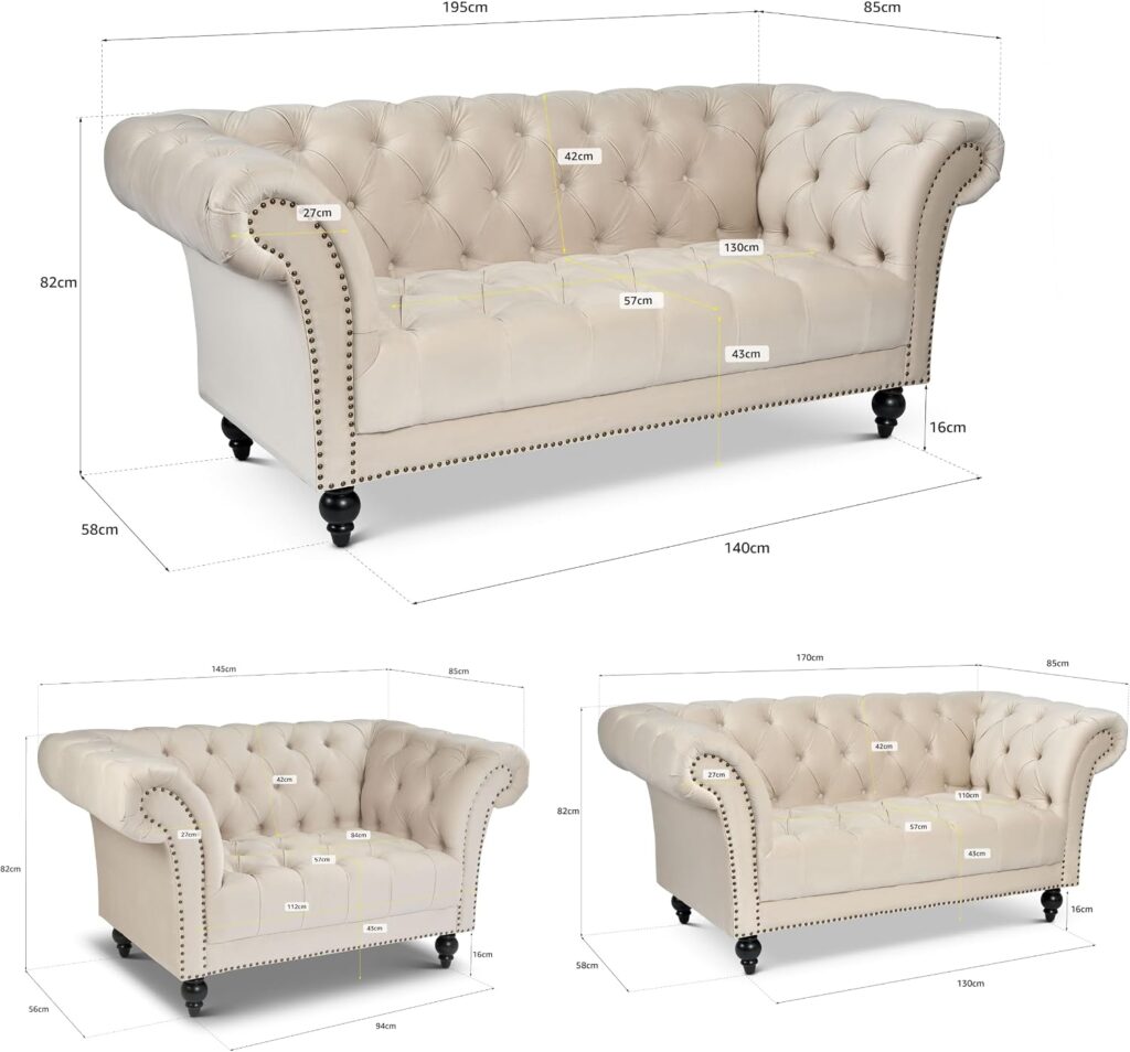 Bravich Chesterfield Velvet Sofa Suite, Cream 3 Piece Set