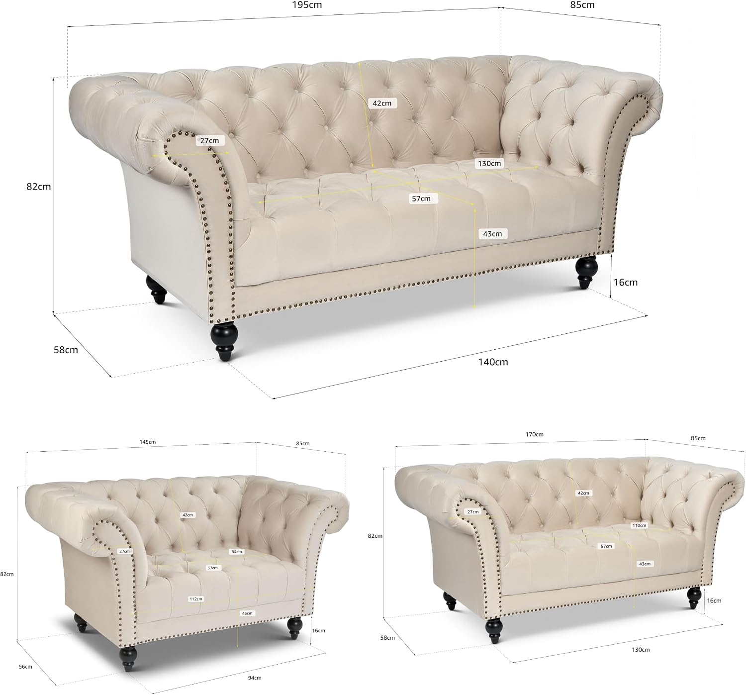 Bravich Chesterfield Velvet Sofa Suite, Cream 3 Piece Set