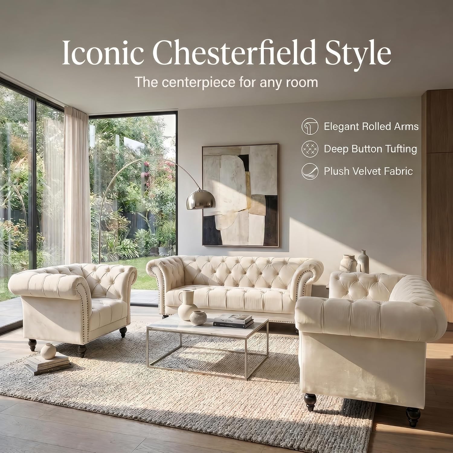 Bravich Chesterfield Velvet Sofa Suite, Cream 3 Piece Set