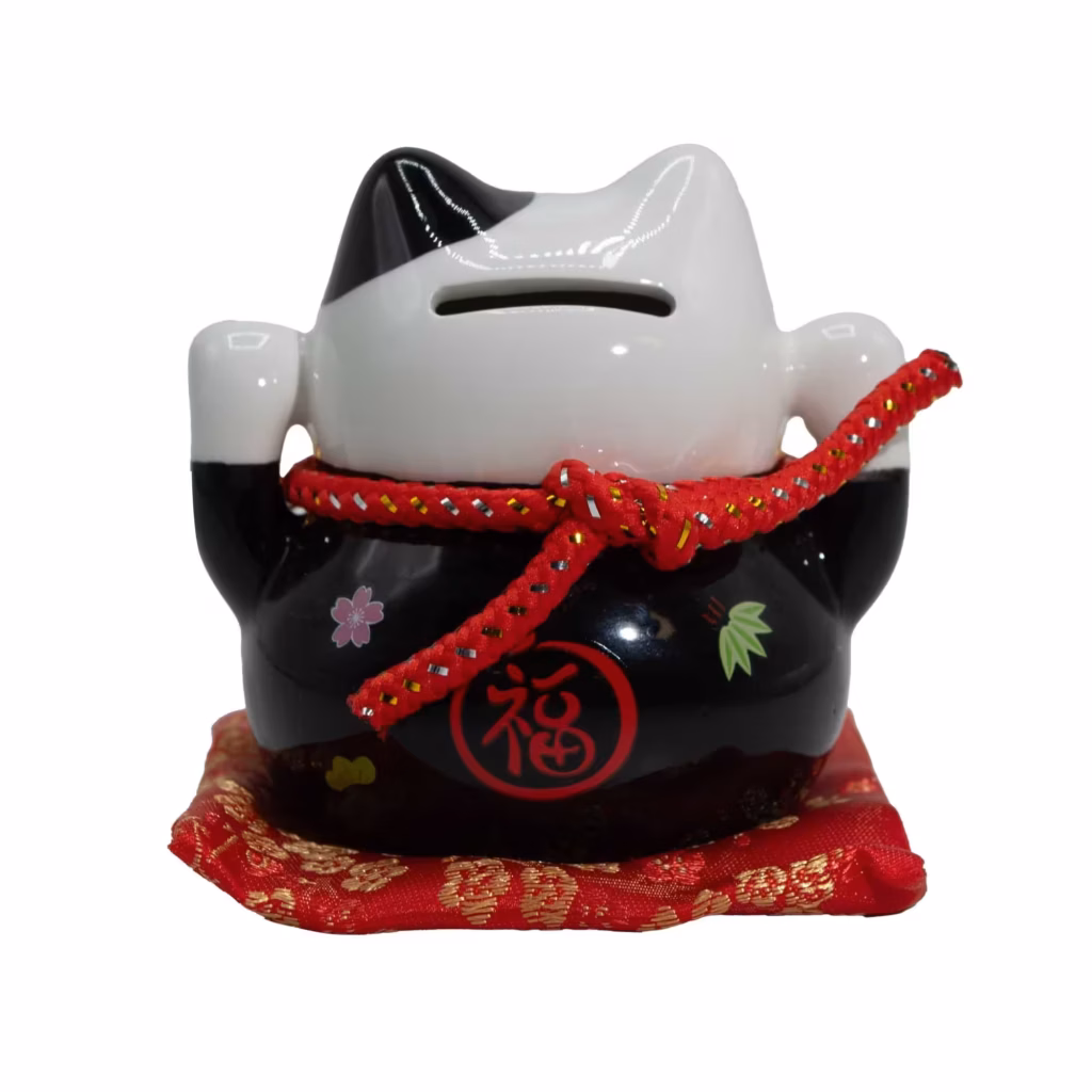 Ceramic Money Cat Bank – Black on Cushion | www.artisangoods.co.uk