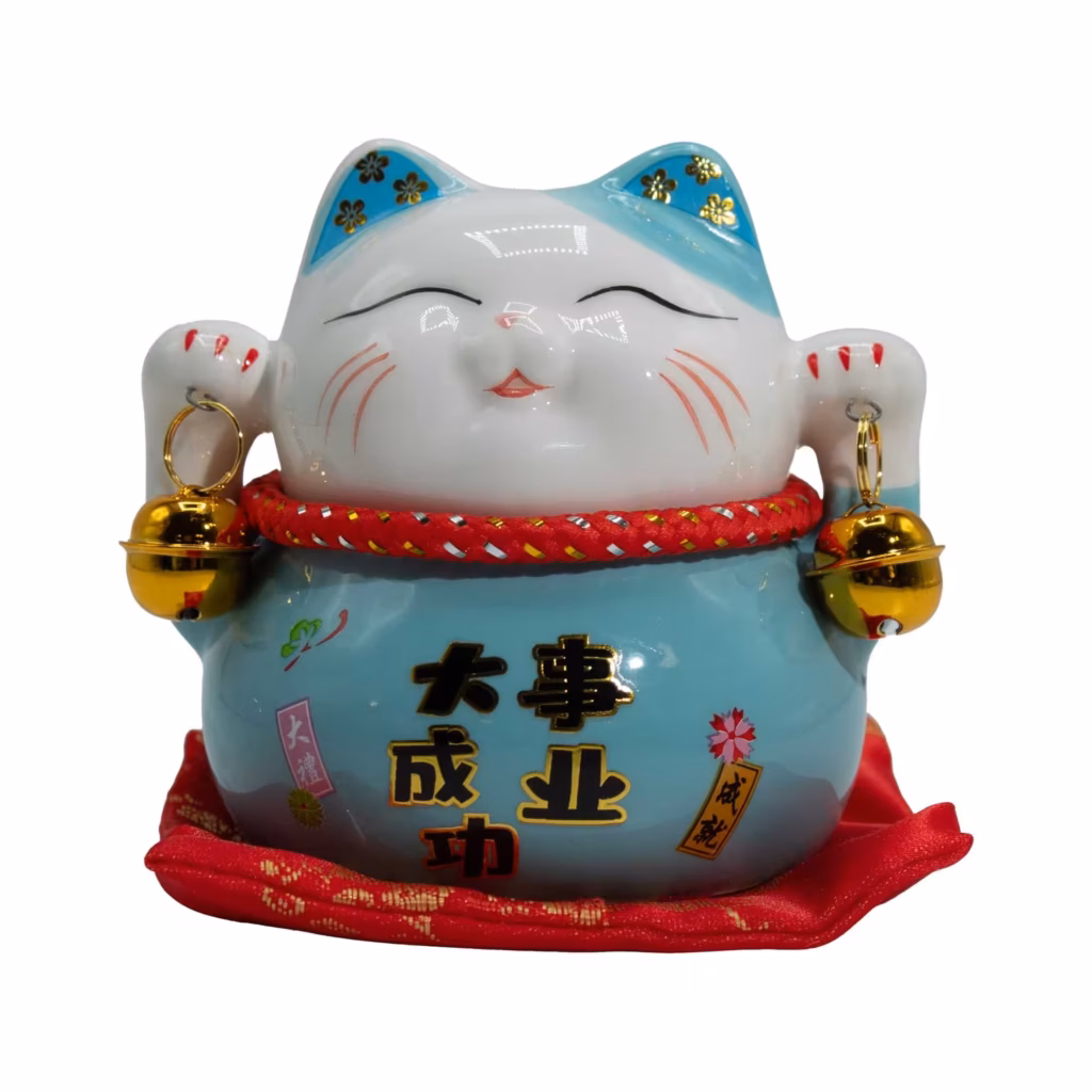 Ceramic Money Cat Bank – Blue on Cushion | www.artisangoods.co.uk