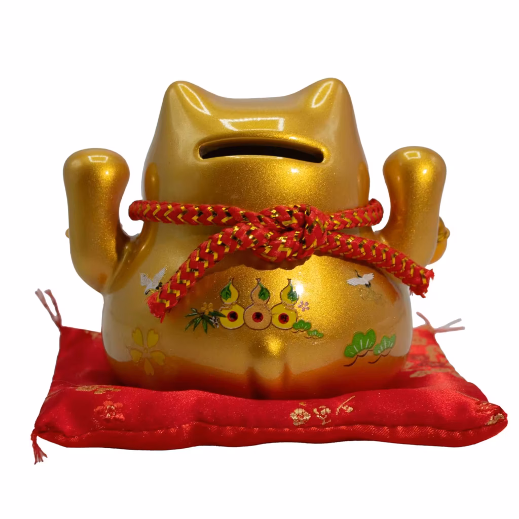 Ceramic Money Cat Bank – Gold on Cushion | www.artisangoods.co.uk