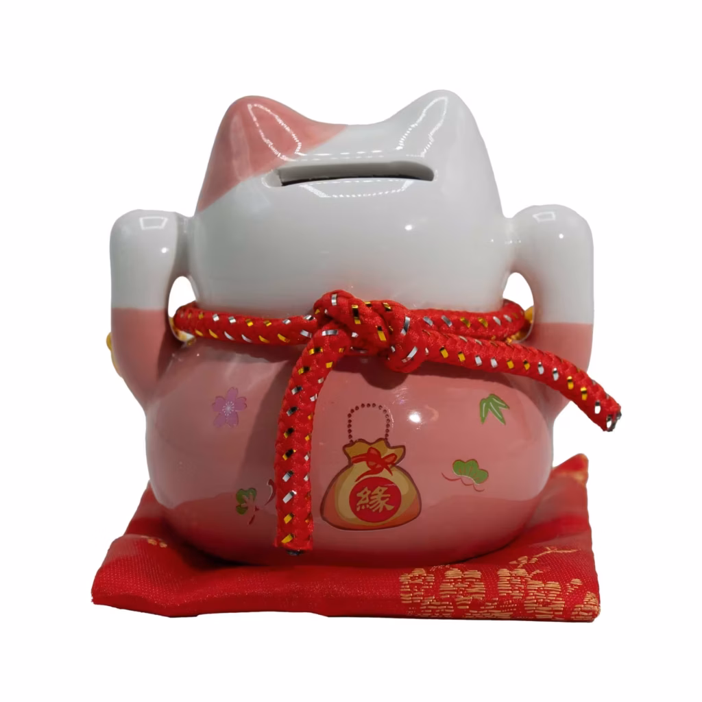 Ceramic Money Cat Bank – Pink on Cushion | www.artisangoods.co.uk