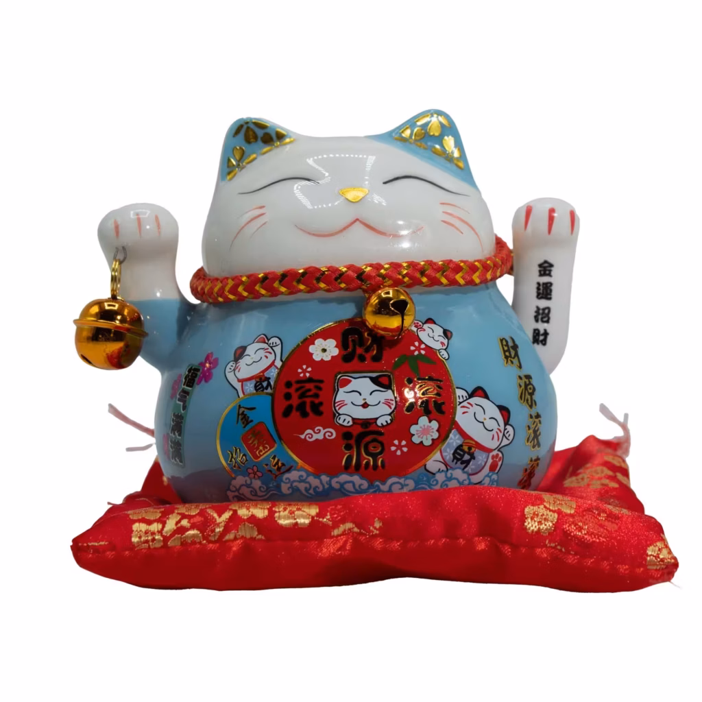 Ceramic Money Cat Moving Hand  – Blue on Cushion | www.artisangoods.co.uk