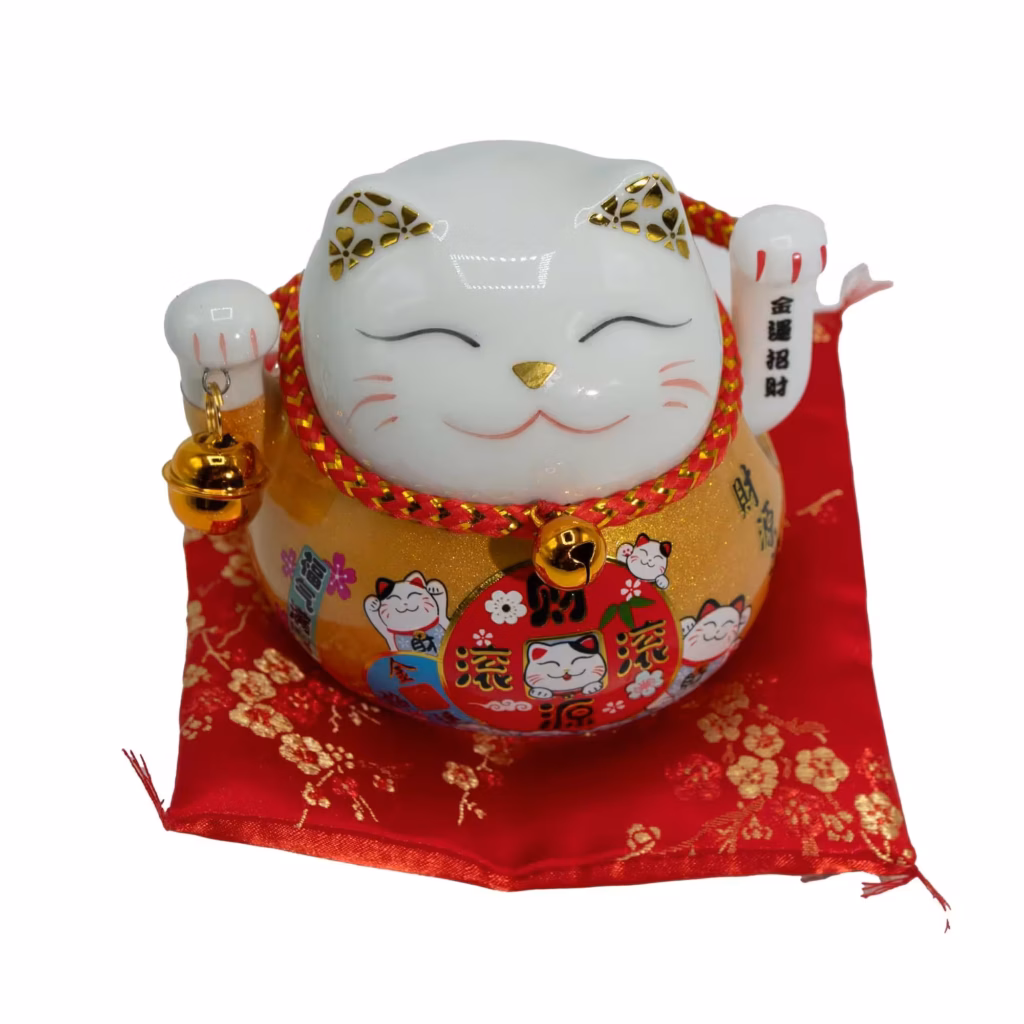 Ceramic Money Cat Moving Hand  – Gold on Cushion | www.artisangoods.co.uk