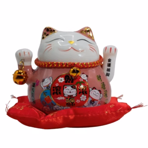 Ceramic Money Cat Moving Hand  – Pink on Cushion | www.artisangoods.co.uk 2