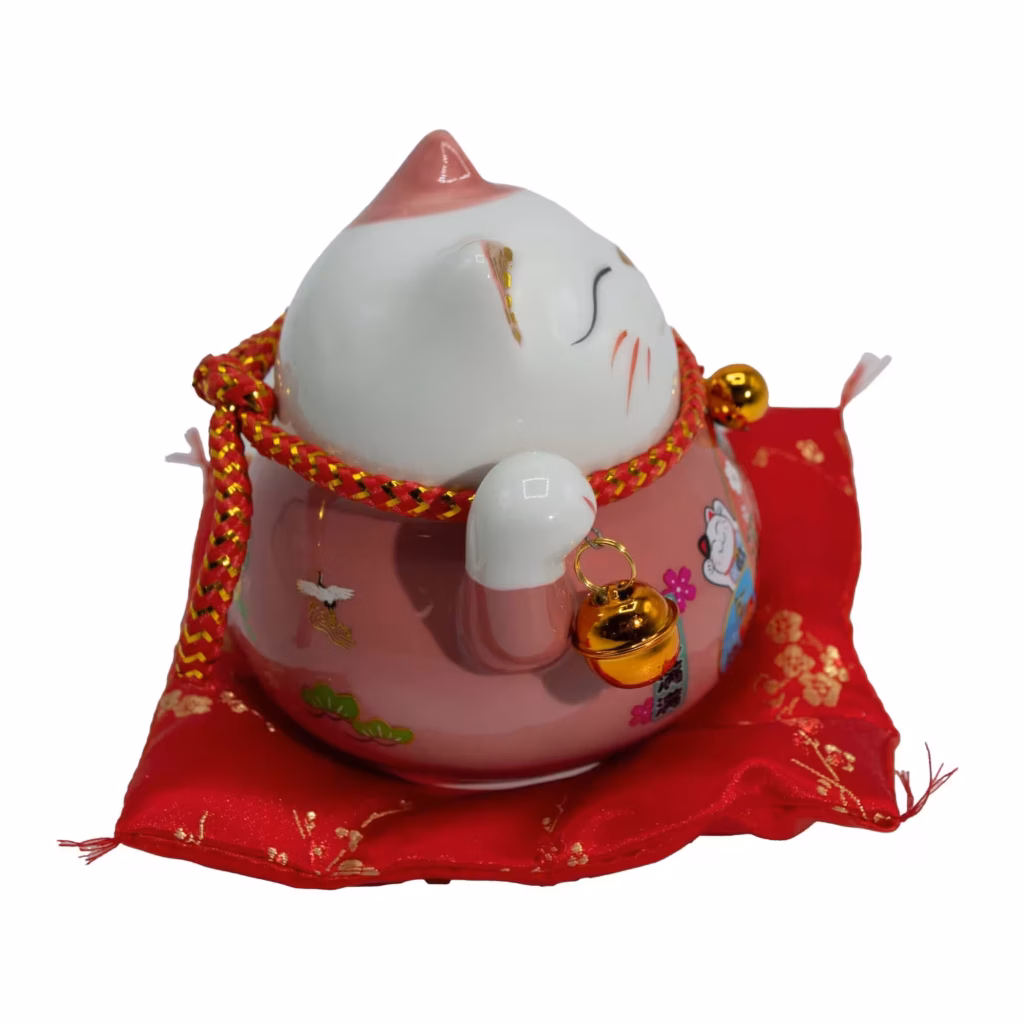 Ceramic Money Cat Moving Hand  – Pink on Cushion | www.artisangoods.co.uk