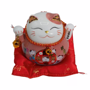 Ceramic Money Cat Moving Hand  – Pink on Cushion | www.artisangoods.co.uk 3