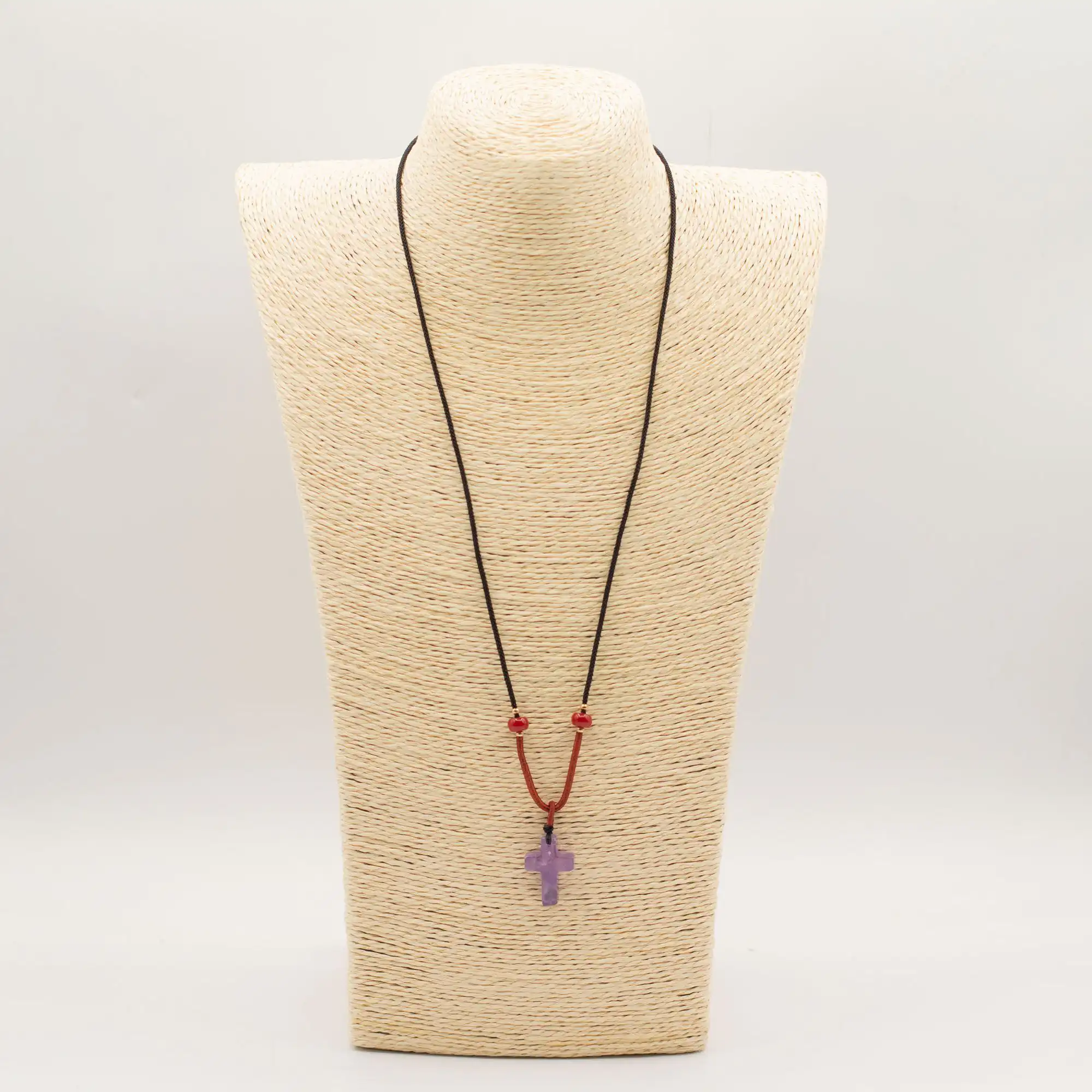 Cord Necklace Gemstone Pendant - Amethyst Cross