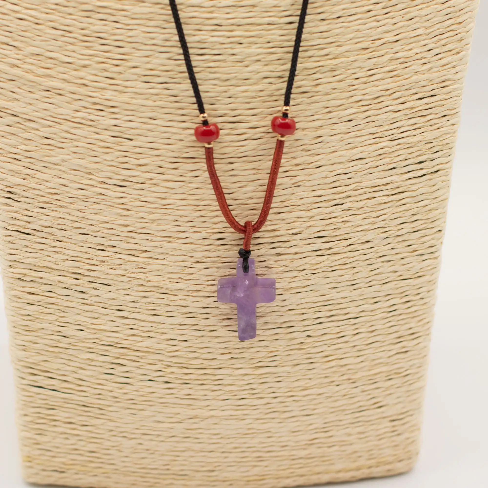 Cord Necklace Gemstone Pendant - Amethyst Cross