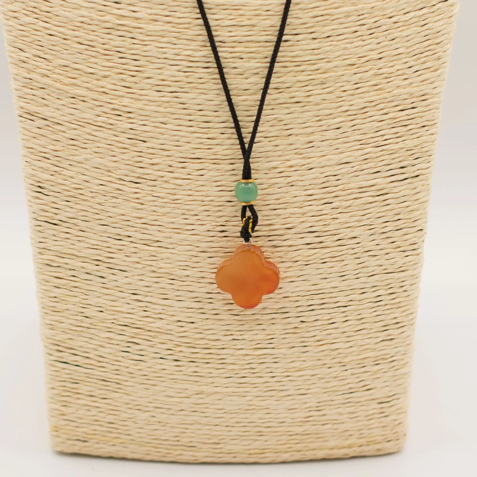 Cord Necklace Gemstone Pendant - Red Jade Clover