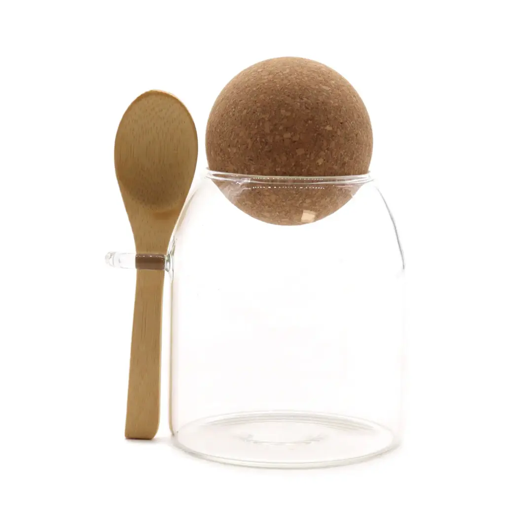 Cottage Cork-Ball Glass Jar – Clear & Spoon – 10cm | www.artisangoods.co.uk