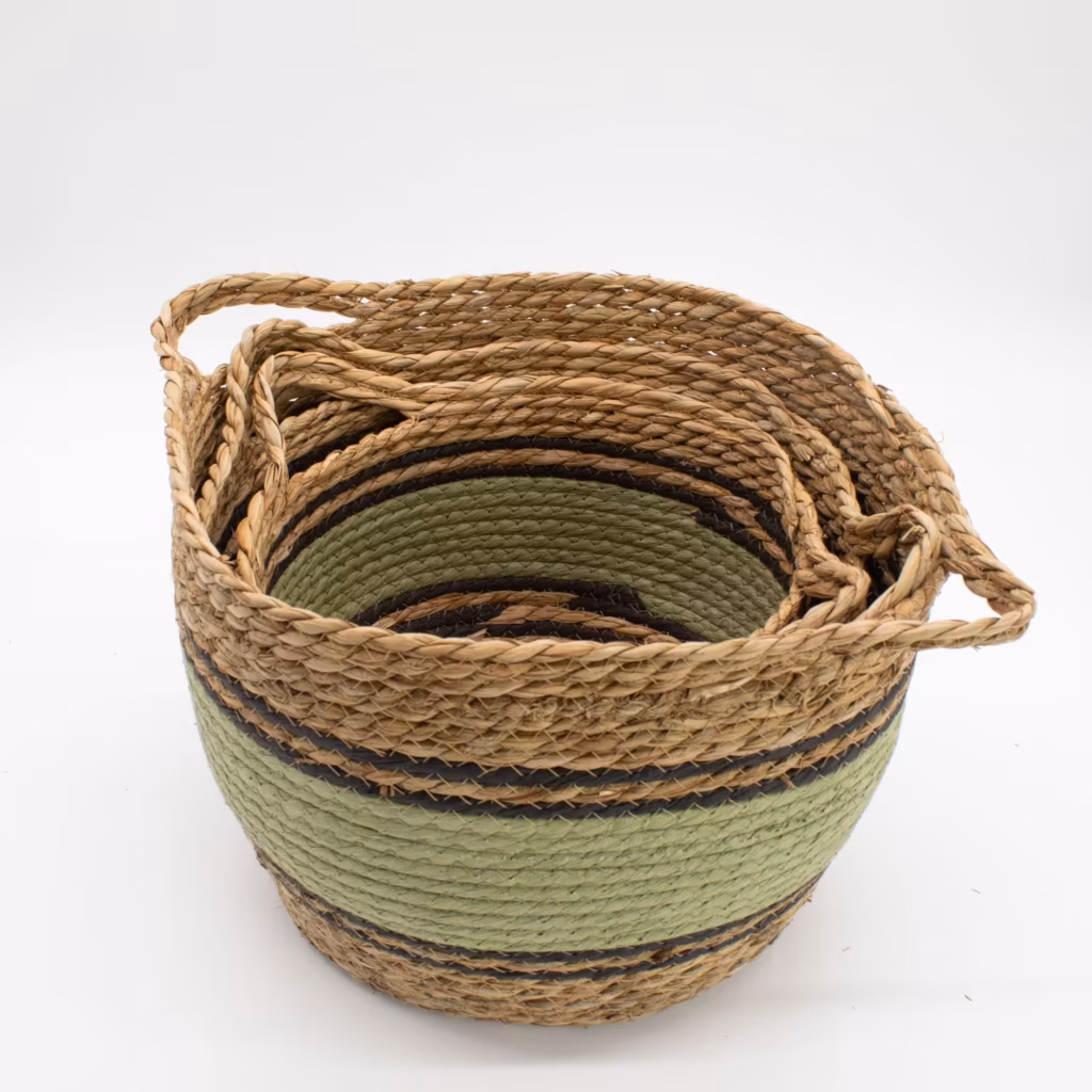 Cotton & Seagrass Large Baskets – Natural Black & Green- Set of 3 | www.artisangoods.co.uk