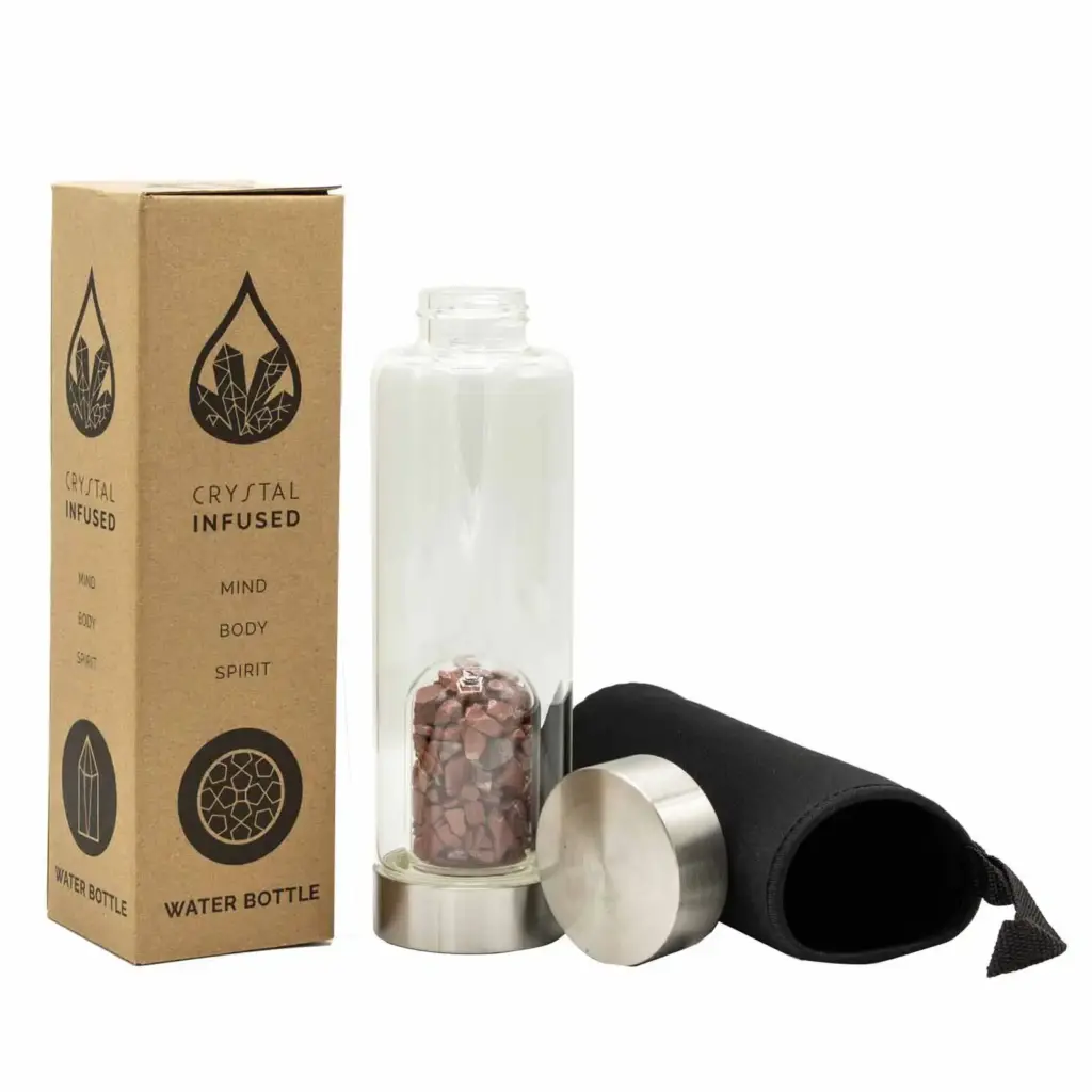 Crystal Infused Glass Water Bottle – Invigorating Red Jasper – Chips | www.artisangoods.co.uk 3