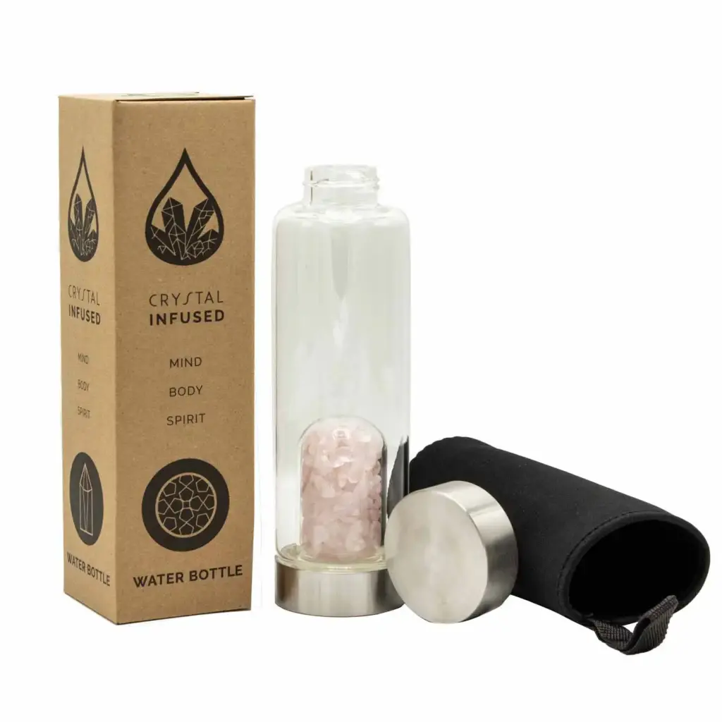 Crystal Infused Glass Water Bottle – Rejuvenating Rose Quartz – Chips | www.artisangoods.co.uk 3