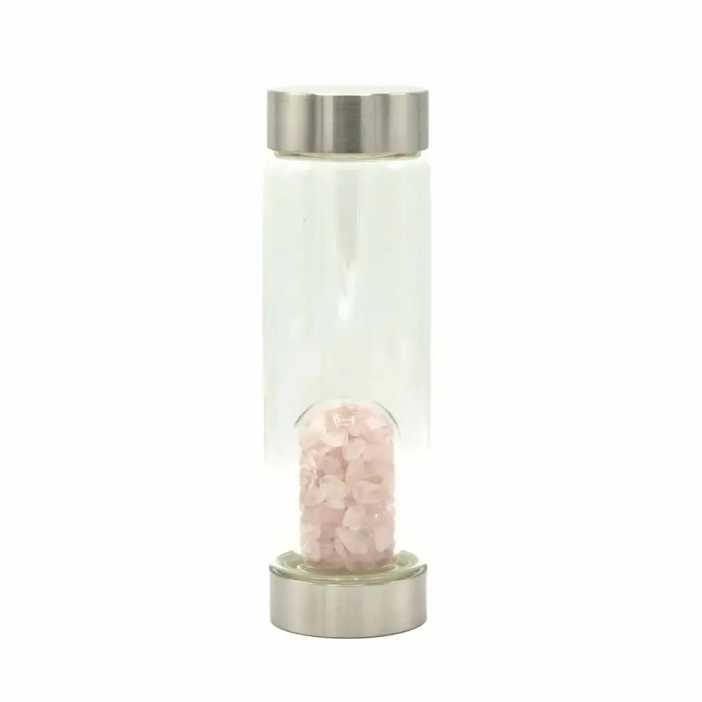 Crystal Infused Glass Water Bottle – Rejuvenating Rose Quartz – Chips | www.artisangoods.co.uk