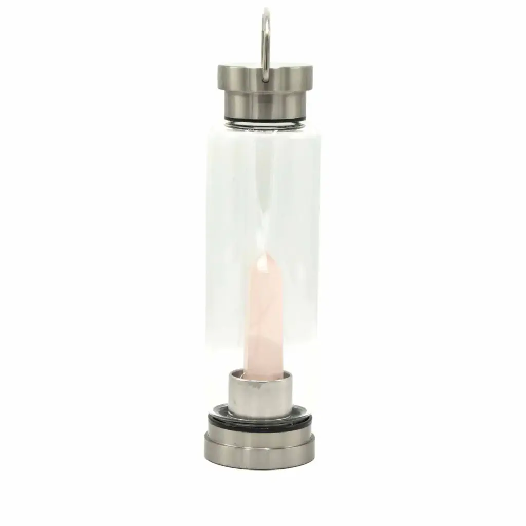 Crystal Infused Glass Water Bottle – Rejuvenating Rose Quartz – Obelisk | www.artisangoods.co.uk