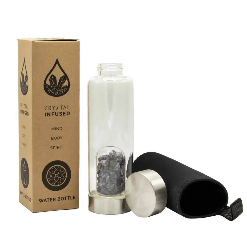 Crystal Infused Glass Water Bottle – Relaxing Amethyst – Chips | www.artisangoods.co.uk 3