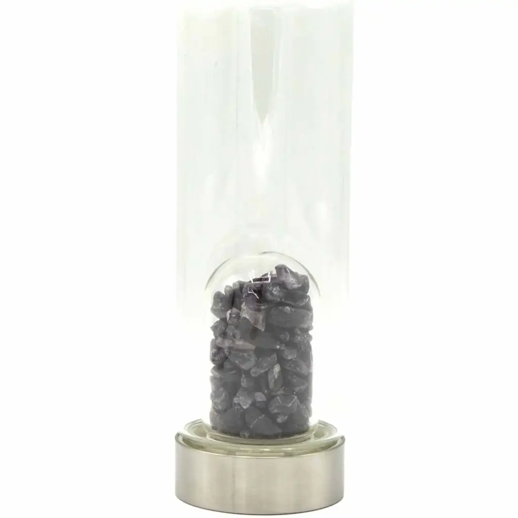 Crystal Infused Glass Water Bottle – Relaxing Amethyst – Chips | www.artisangoods.co.uk 2