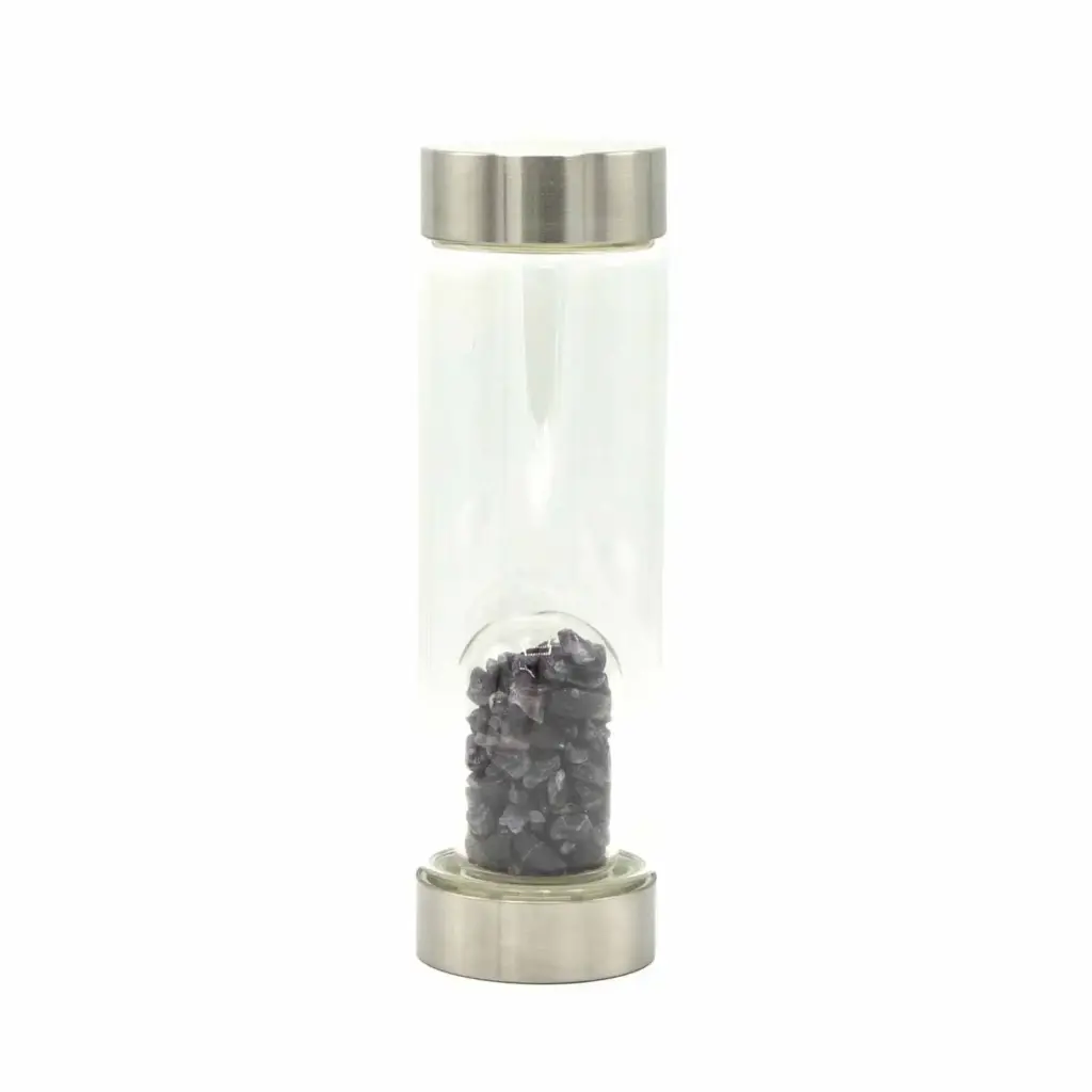 Crystal Infused Glass Water Bottle – Relaxing Amethyst – Chips | www.artisangoods.co.uk