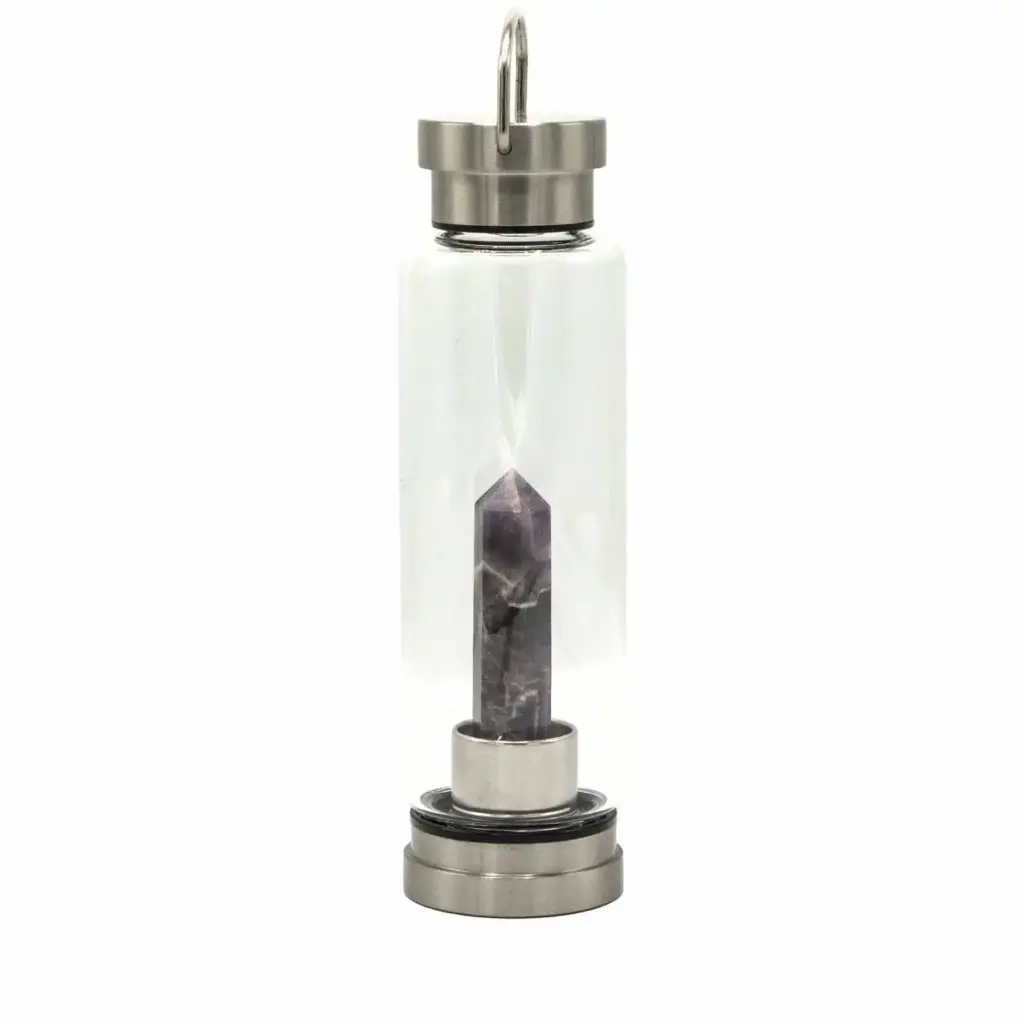 Crystal Infused Glass Water Bottle – Relaxing Amethyst – Obelisk | www.artisangoods.co.uk