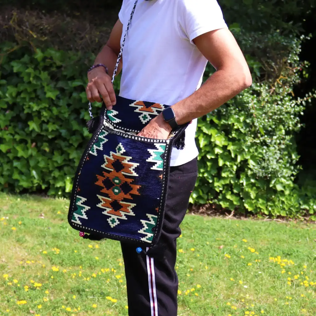 Dark Navy Kilim Messenger Festival Bag | www.artisangoods.co.uk 5