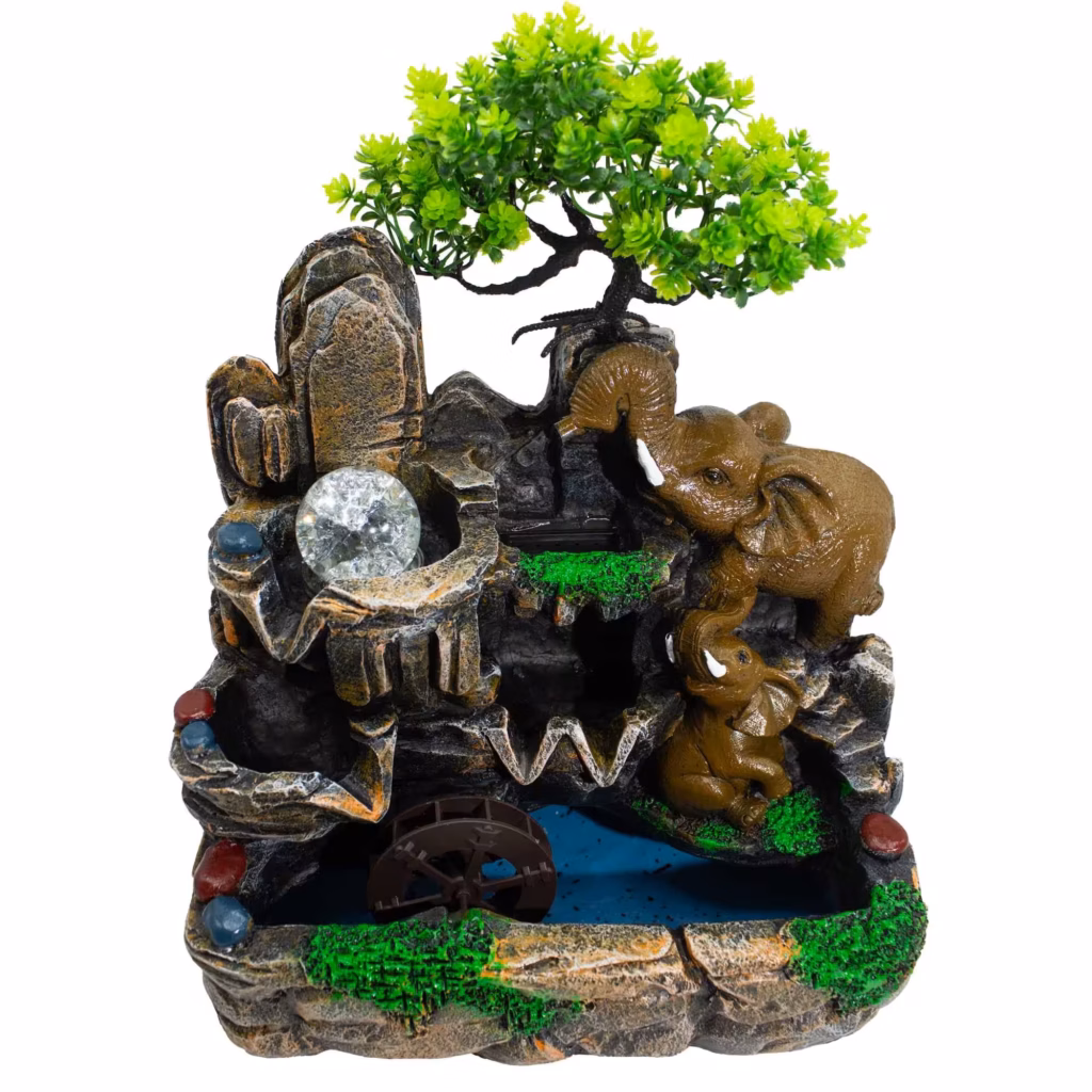 Elephants in Love Tabletop Water Feature with Crystal Ball, Light & Watermill (30x20x35cm) | www.artisangoods.co.uk