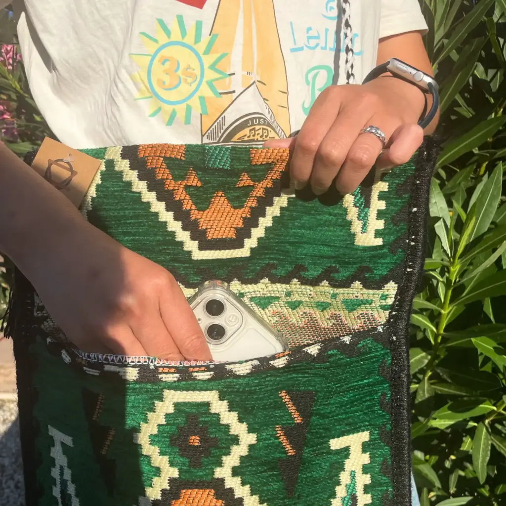 Emerald Green Kilim Messenger Festival Bag | www.artisangoods.co.uk 5