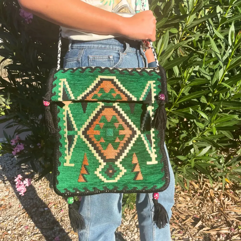Emerald Green Kilim Messenger Festival Bag | www.artisangoods.co.uk