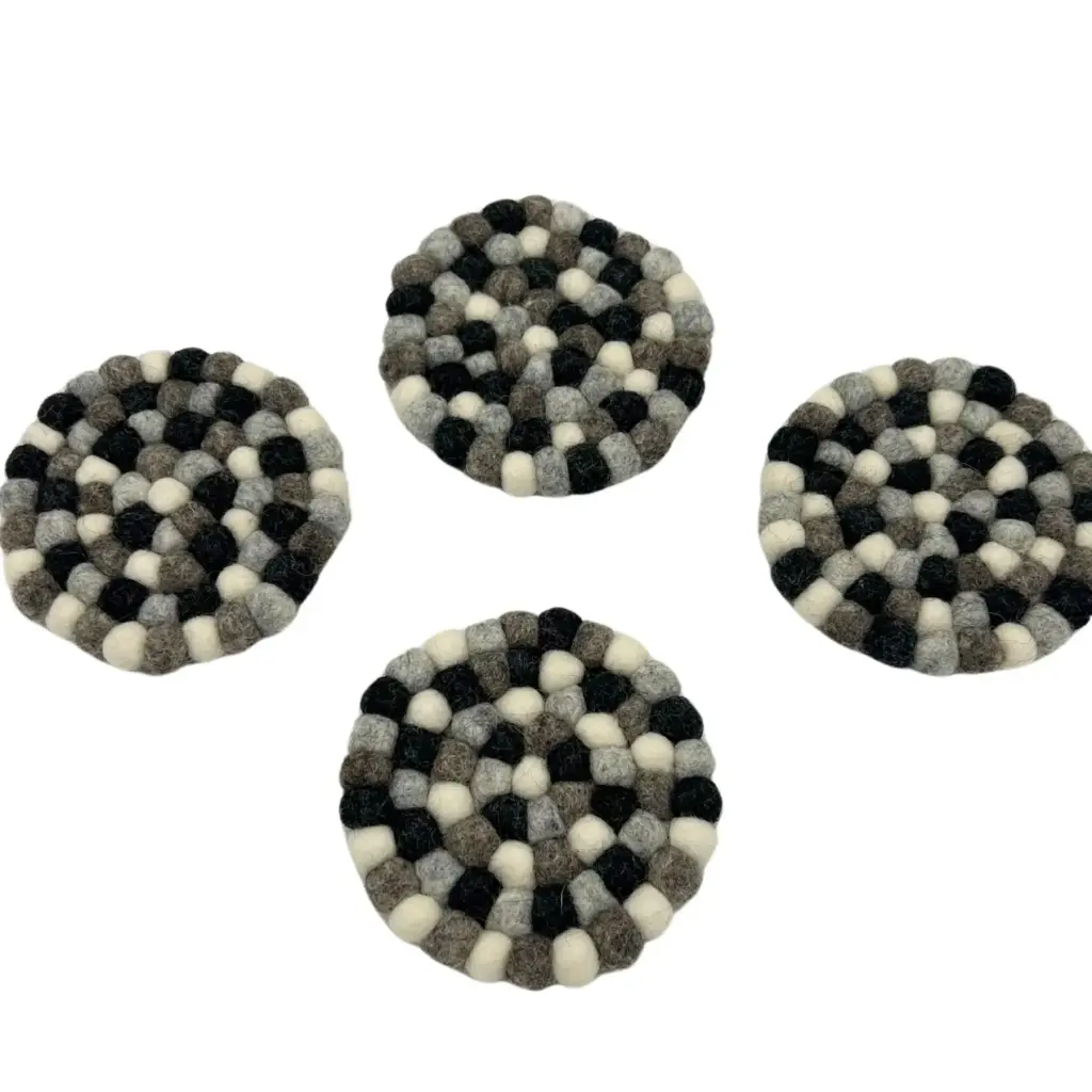 Felt Ball Round Coasters – Multi Grey colour (set of 4) | www.artisangoods.co.uk 2