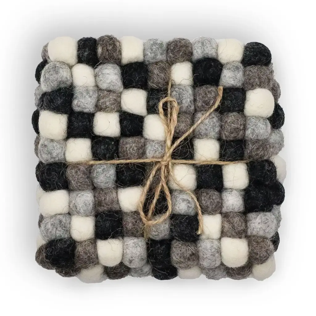 Felt Ball Square Coasters – Multi Grey colour (set of 4) | www.artisangoods.co.uk