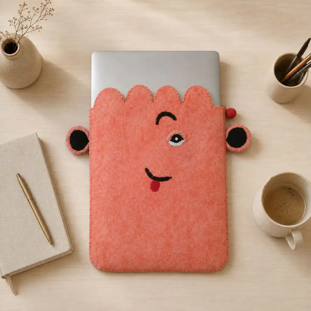 Felt Laptop Pouch (up to 14") - Pink Cute Face