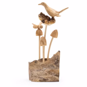 Handmade Parasite Wood Art Carving – Bird & Bee on Mushrooms | www.artisangoods.co.uk