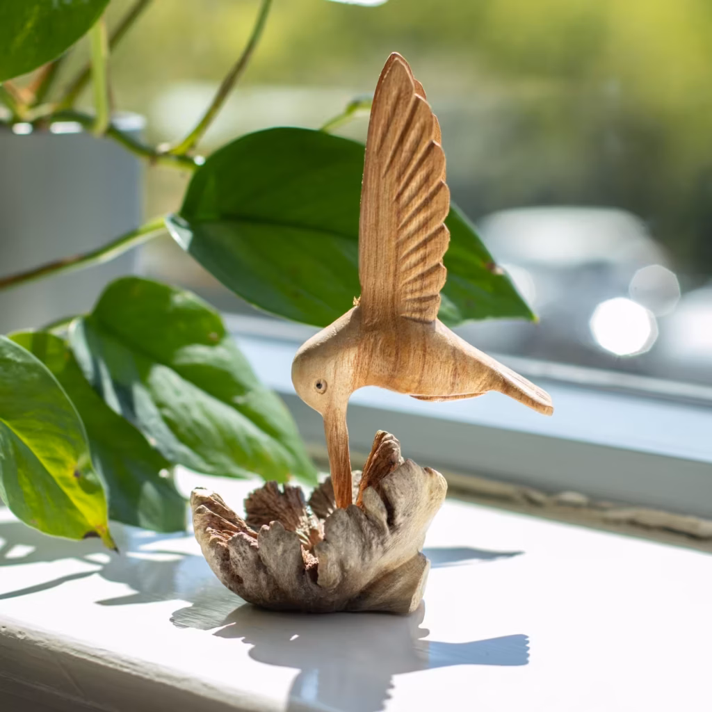 Handmade Parasite Wood Art Carving – Nectar Drinking Hummingbird | www.artisangoods.co.uk