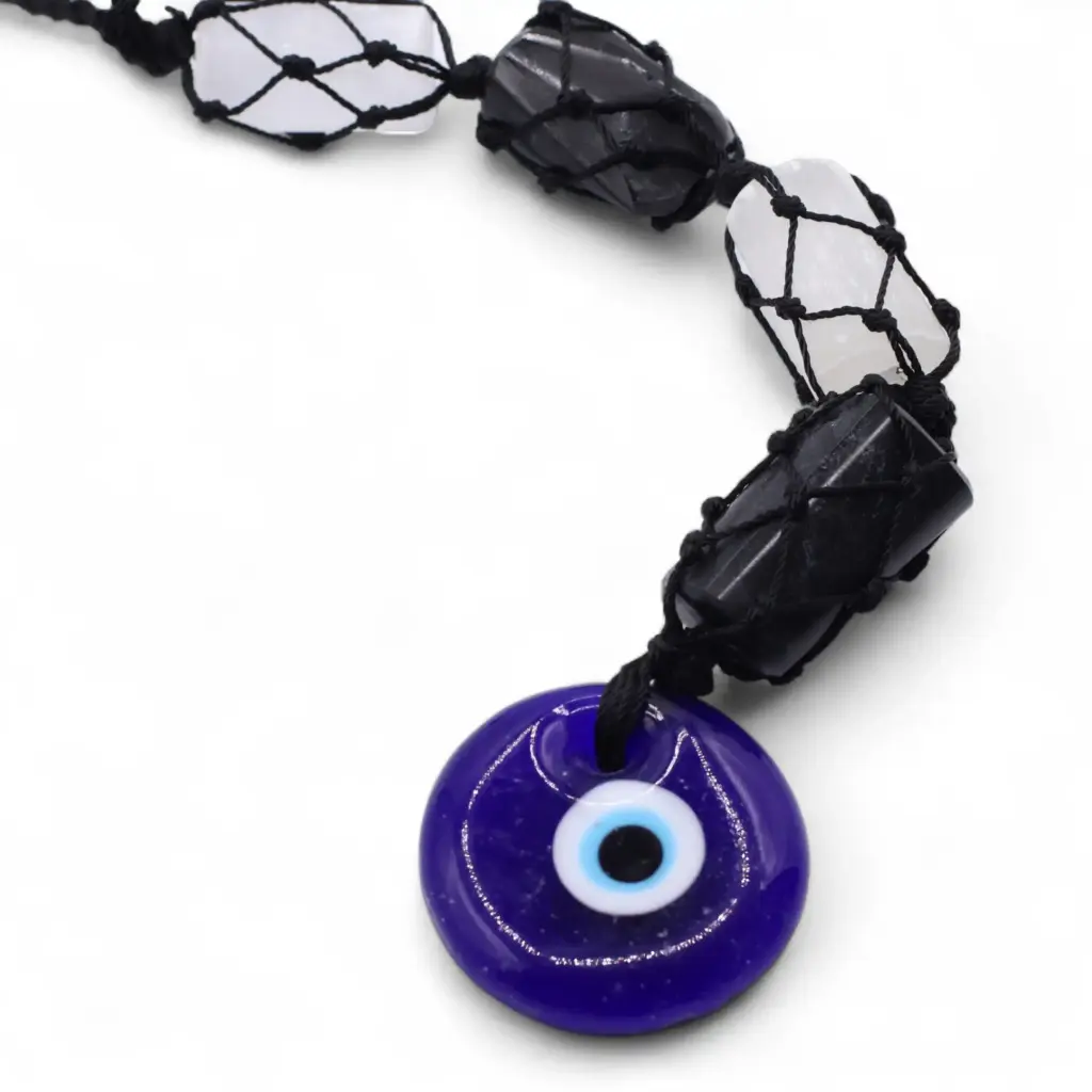 Hanging Stone Pendant – Black Torrmaline & Selonite Tumble- Evil Eye | www.artisangoods.co.uk Hanging Stone Pendant – Black Torrmaline & Selonite Tumble- Evil Eye | www.artisangoods.co.uk