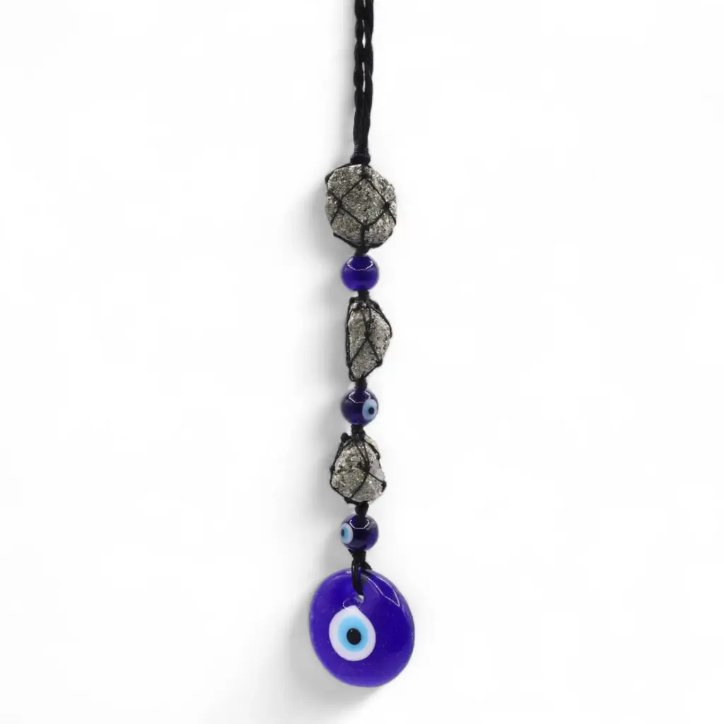 Hanging Stone Pendant – Pirite Stones & Beads- Evil Eye | www.artisangoods.co.uk 2